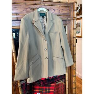 Lauren Ralph Lauren Camel Equestrian Blazer Silver Horse Crest, Leather Trim, 14
